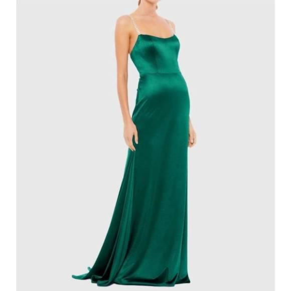 NEW MAC DUGGAL charmeuse rhinestone strap trumpet gown in emerald
